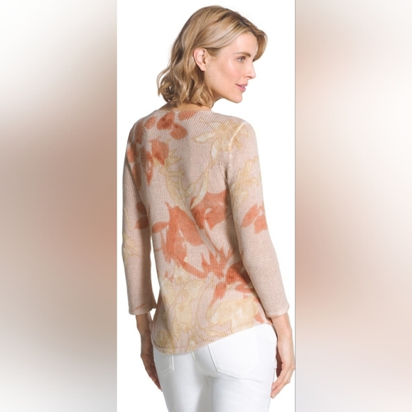 Chico's Fauna Warm Floral Sweater large 3/4 sleeve beige floral linen cotton top - Picture 2 of 7